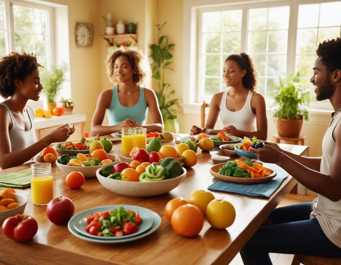 A serene and hopeful scene depicting a diverse group of individuals sharing nutritious meals in a sunlit kitchen, with vibrant fruits and vegetables on the table. Incorporate symbols of holistic health such as herbs, yoga mats, and a calming essential oil diffuser in the background. The atmosphere should evoke feelings of community and support during a health journey. super-realistic. vibrant colors. soft focus.