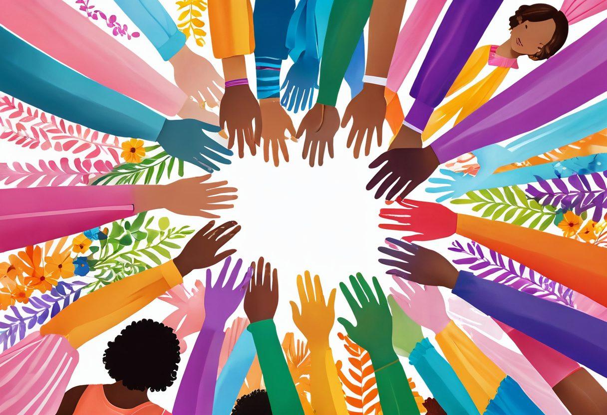 A vibrant scene featuring a diverse group of individuals holding hands in a circle, radiating hope and strength, with colorful cancer awareness ribbons floating around them. The background includes soft, glowing light symbolizing support and resilience. Include elements like flowers and butterflies to signify renewal and growth. Bright and uplifting color palette. super-realistic. vibrant colors. 3D.