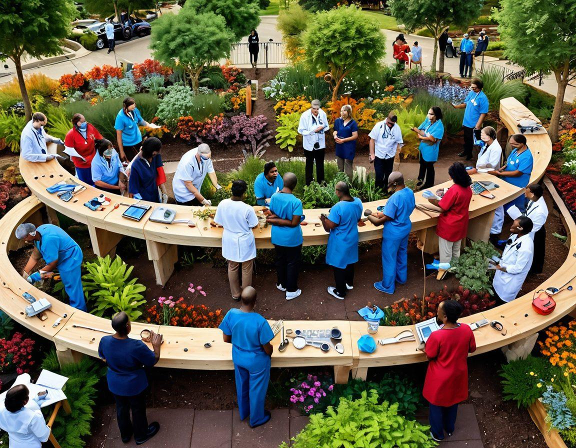 A diverse group of healthcare professionals and community members working together, constructing a literal bridge made of various healthcare-related symbols like medical tools, heart monitors, and support hands. In the background, a vibrant community landscape showcasing healing gardens and supportive environments. The scene is filled with warm colors to represent hope and collaboration. super-realistic. vibrant colors. community-focused.